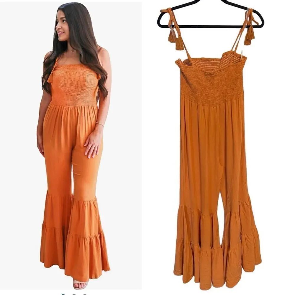 Main Strip- Women’s Golden Mustard Maggie Festival Smocked Jumpsuit Wide Leg, Lg
